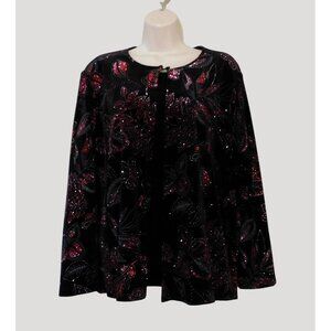 Notations Glittery Jacket XL Black Red Sparkling Floral Print Attached Tank